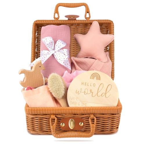 Gobesty Cesta Bebe Recien Nacido, Cesta Regalo Bebe, 8 In 1 Kit Bebe Recien Nacido con Manta, Sonajero de Caballo, Diadema, Cepillo, Calcetines, Tarjeta de Hito del Bebé, Toalla y Cestas de Regalo