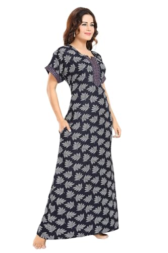 Image of Fabme Women's Cotton Printed Long Maxi Night Gown Nighty Dress with Pocket & Embroidery on Neck and Sleeves