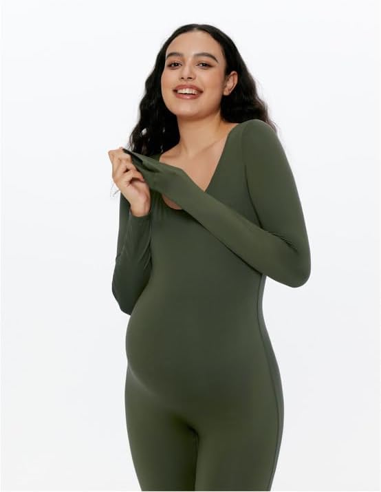POSHDIVAH Women's Maternity Bodysuit Scoop Neck Long Sleeve T Shirt Stretchy Jumpsuit Pregnancy Shapewear Romper - Image 2