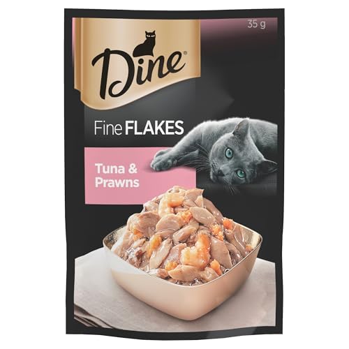 Dine Fine Flakes Wet Cat Food Tuna & Prawns 35g Pouch, 12 Pack