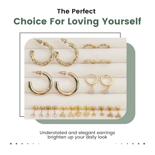 11/12/13 Pairs & 19 Pcs 14K Gold Plated Earrings Set Multiple Styles CZ Diamond Star Triangle Sun Ball Studs Butterfly Dangle Huggie Rope Twisted Hoops Lightweight Dainty Trendy Jewelry3