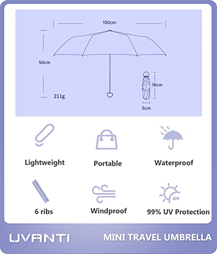 Uvanti Umbrella Small Mini Umbrella With Case - 6 Ribs Light Folding Compact Travel Umbrella Lightweight Portable Parasol For Backpack Purse - Sun & Rain Pocket Uv Umbrellas For Kids Girls Boys Women #TOP5