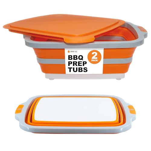 Drip EZ Juego de 2 piezas plegable para preparar barbacoas, para preparar comidas, marinar, almacenar alimentos, incluye tabla de cortar y tapa, (2) XL, color naranja