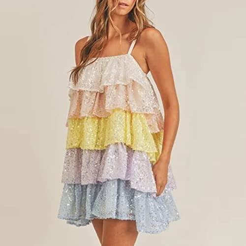 BBIQI Minivestido em camadas de lantejoulas com glitter e alças finas, vestido de aniversário, moder