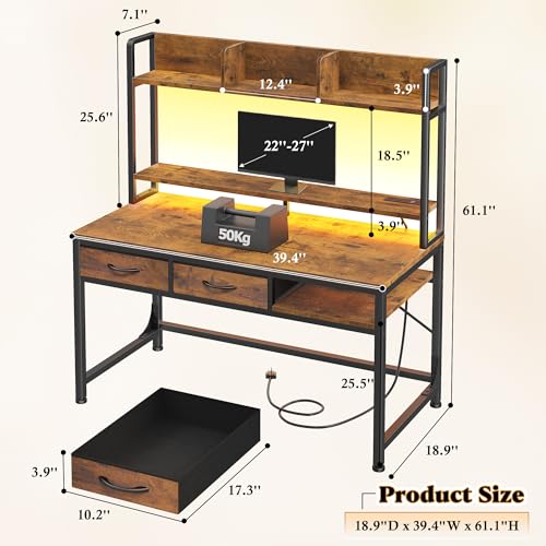 Image of DurayLoly 39.4 inch Office Desk with Shelves & Monitor Stand, Computer Desk with Hutch&Drawers, LED Lights & Power Outlet, for Modern Home Office & Bedroom, Small Space, Rustic Brown