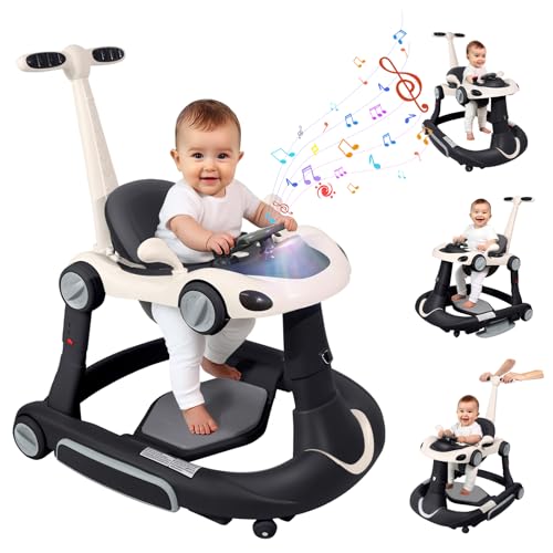Baby Walker, 4-in-1 Baby Walker with Wheels Portable, Foldable Infant Toddler Walker for Boys Girls 6-18 Month,Removable Footrest,Car Steering Wheel &amp; Music, Adjustable Push Walker Black