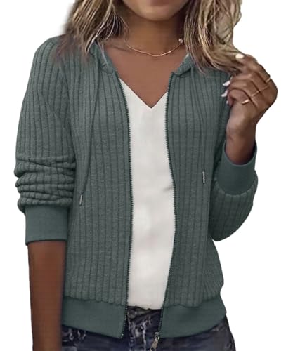 ABYOVRT Sweat a Capuche Femme Zippé Sweatshirt Hoodie Manches Longues Veste de Sport Couleur Unie Casual Outerwear Automne Hiver,Vert Militaire,XXL