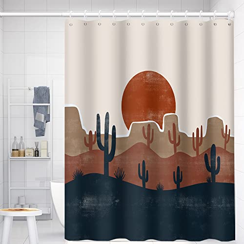 Umpoo Abstract Mid Century Bohemian Bathroom Shower Curtain Desert Cactus Red Sun Shower Curtain With Hooks Waterproof Fabric Polyester Shower Curtain Modern Aesthetics Home Decorative, 72X72 Inch #TOP6