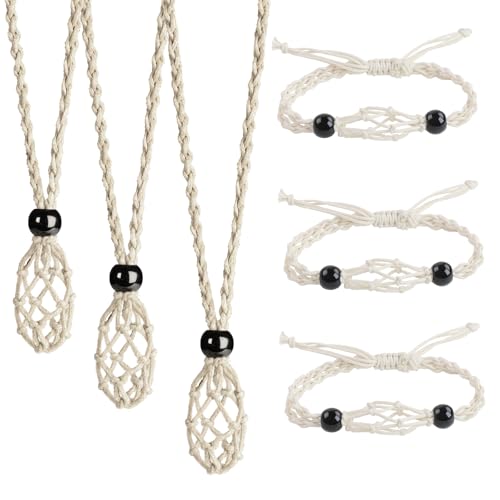 LERSUSI 6 PCS Crystal Cage Necklace and Bracelet Cord Holder Empty Stone Holder Replacement Hand-Woven Cord with Adjustable Length（Beige）