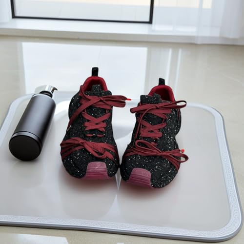 Women Chunky Sneakers, Full Rhinestone Dad Shoes, Thick Sole Height Increasing Bow Tie Straps Girls Shining Footwear 5