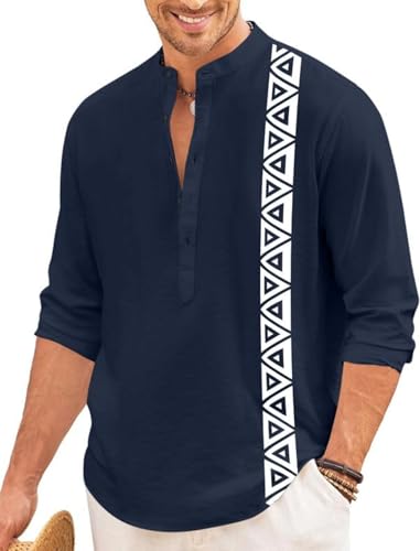 Image of FINIVO FASHION Men's Short Kurta with Printed Geometric Side Panel | Cotton Blend Full Sleeve Ethnic Topwear with Mandarin Collar | Stylish Indo-Fusion Kurta for Daily, Festive, or Casual Wear