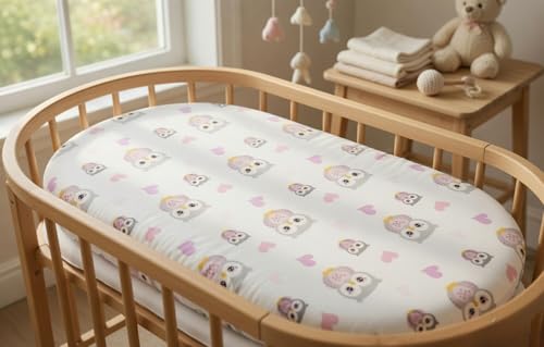 Image of 2-Pack Bassinet Sheets - 100% Cotton Jersey Knit Owls and Stars Bassinet Mattress Pad Fitted Sheets for Baby Girl; Compatible with Bassinet Bedside Co-Sleeper Lounger Brands; Oval Rectangle Mattress