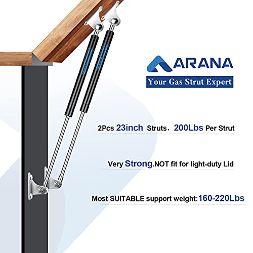 23 Inch 200 Lb Gas Prop Struts Shocks With L Mounting Brackets, 23" 889 N Lift-Support Gas Springs For Heavy Duty Murphy Bed Large Outdoor Box Lid Trap Door Floor Hatch (Super Strong), 2Pcs Set Arana #TOP2