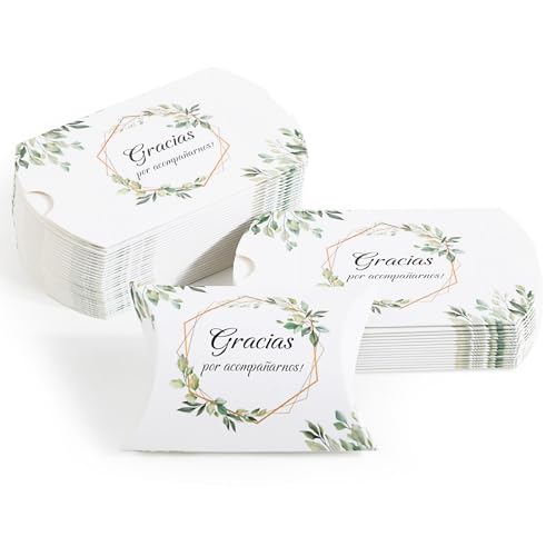 BOFUNX 50pcs Cajas de Regalo Cajitas Almohada de Dulces Chocolates de Papel Gracias por Acompañarnos Decoración para Bodas Fiestas Cumpleaños Bautizo Comunión