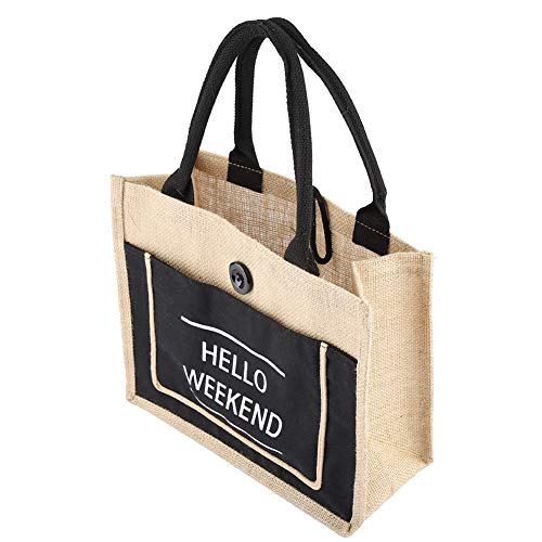 Sac Carré Vintage Cabas Classique En Gunny Jute Sac à Main Stockage Shopping Épaule Sac Fourre-Tout Beige - Noir/Blanc(M-noir) Cover