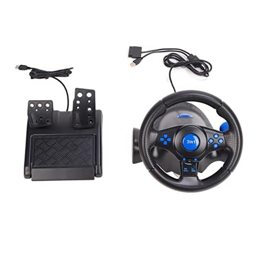 01 02 015 Gaming Steering Wheel, 180 Degree Rotation 3 in 1 Multifunctional Dual Vibration USB Charging Game Racing Wheel with Pedals for PC for PS3 for PS2