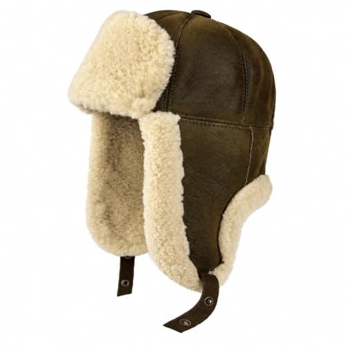 Image of Leather Aviator Russian Ushanka Trapper Shearling Sheepskin Fur Ear Flap Waterproof Winter Hat