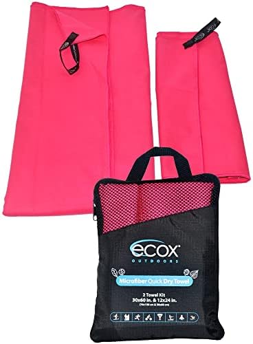 ecox Outdoors Microfiber Towel Fast Drying Soft Feel Fast Action Drying for Gym Beach Outdoors Travel Yoga Camping Compact Size 2 Piece Set 30x60 in and 12x24 in Red MFT2PRD