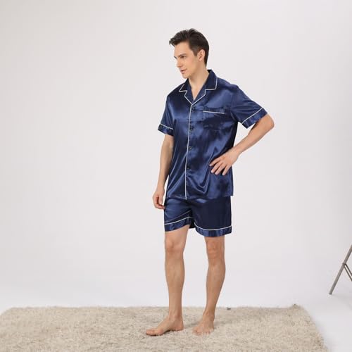 Men's Satin Pajama Set Summer Pajamas Short Sleeve Shorts Set Thin Lightweight Silky Button Down Sleepwear4