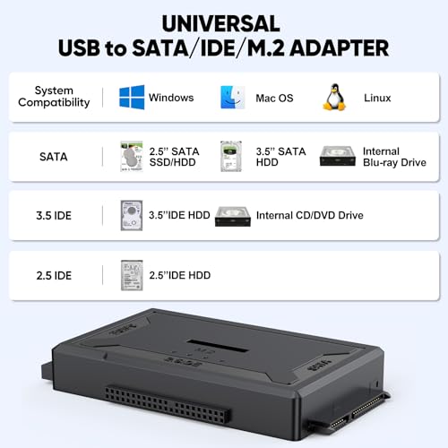 Hard Drive Reader 4-in-1, M.2 SATA IDE to USB Docking Station with Power Adapter, 10Gbps NVME Dock, Computer External Ultra Data Recovery Kit for M.2 2.5\" 3.5\" PATA HDD SSD Internal Blu-ray Drive - Thumbnail 6
