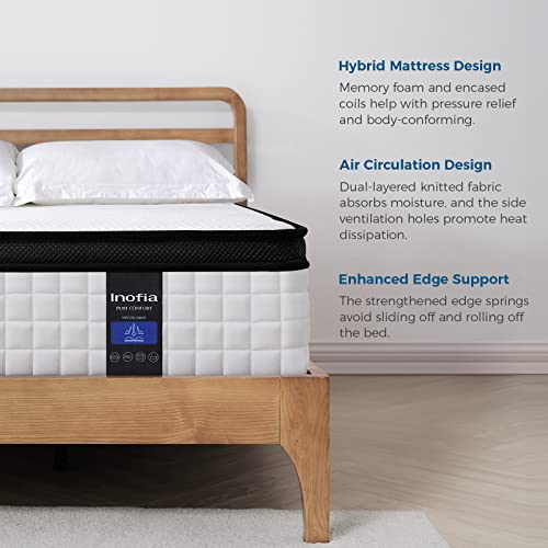 Inofia Full Mattress 12 inch - Hybrid Full Size Mattress in a Box, Cool Bed with Waterproof Bamboo Mattress Protector Included, Medium Firm Feel, Motion Isolation, 101 Nights Trial