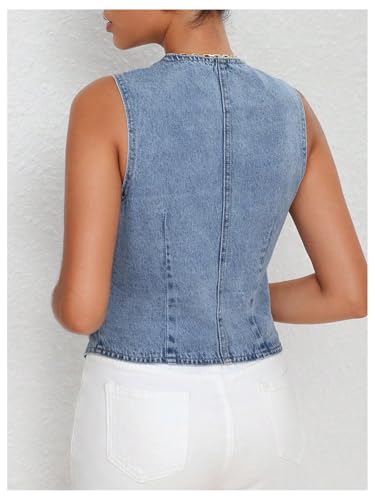 MakeMeChic Women's Jean Vest Top Y2k V Neck Sleeveless Denim Top Single Breasted Crop Jacket Cowboy Chic2