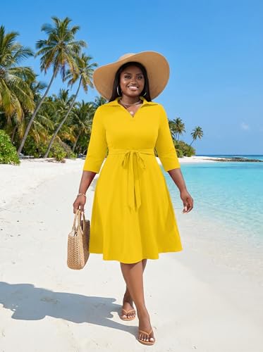 Image of FANDEE Plus Size Midi Dress for Women - Printing Summer Dresses for Wedding Guest Cocktail Party 3 /4 Sleeve V Neck(L-5XL)