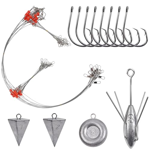 JSHANMEI Surf Fishing Tackle Kit: 26pcs Stainless Steel Fishing Leader Rigs, Circle Hooks, Weights for Saltwater & Freshwater Fishing