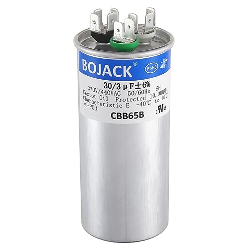 BOJACK 30+3 uF ±6% 30/3 MFD 370/440 VAC CBB65B Dual Run Start Round Capacitor for Condenser Straight Cool or Heat Pump Air Conditioner or AC Motor and Fan Starting
