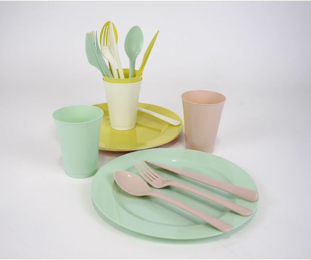 PARENCE.- Set de Pique Nique 20 Pièces - Assiettes, Couverts, Verres - Lot 20 Pièces Camping en PVC Réutilisable, Polyvalent, Complet, Pastels