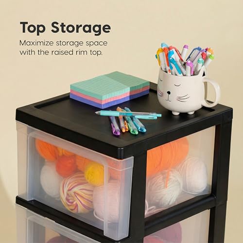 Image of IRIS USA Plastic 3-Drawer Storage Organizer Rolling Cart, with Wheels Casters, 2-Pack, for Classroom Art Supplies Bathroom Dorm Bedroom Laundry Room, Slim Narrow, Black /Clear