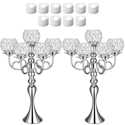 Domensi 2 Pcs 5 Arm Crystal Silver Candelabra Table Centerpieces with 12 LED Light 21.5'' Tall Candle Holder Bowl Candlestick Candles Stand for Wedding Easter Ceremony Dinner Dining Anniversary Party