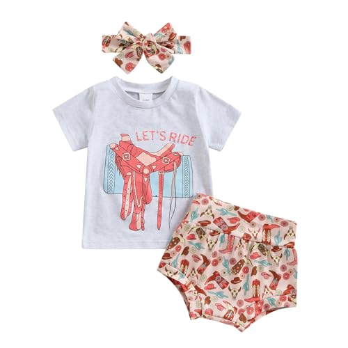 Image of Nibbcoa Western Baby Girl Clothes Set Toddler Cow Print Short Sleeve T Shirt Top Shorts with Headband 3Pcs Boho Summer Outfit (Gray, 6-12 Months)