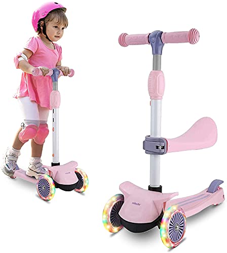 Wheelive 2 in 1 Kick Scooter for Kids, 3 Wheels Toddler Scooter with 3 Light Up Wheels Removable ​Seat 4 Adjustable Height Scooters for Boys & Girls 2-6 Years Old