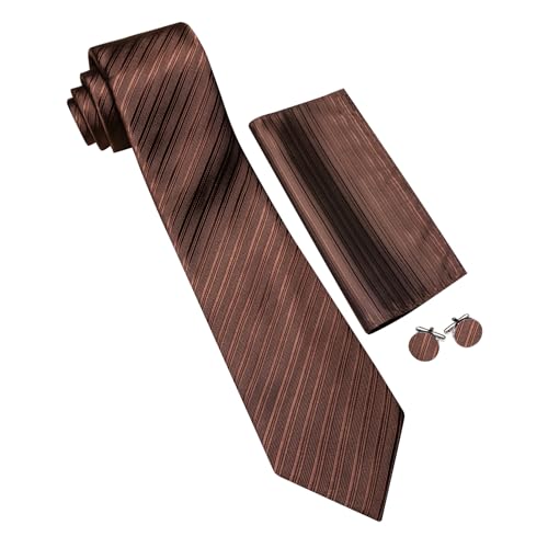 Image of Barry.Wang Solid Striped Tie for Men Silk Necktie Pocket Square Cufflinks Formal Wedding Party Business