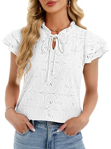 Funlingo Womens Eyelet Tops Summer Ruffle Cap Sleeve Blouses Dressy Casual Hollow Out Crochet Lace Embroidered Shirts 2026 Trendy Fashion White L