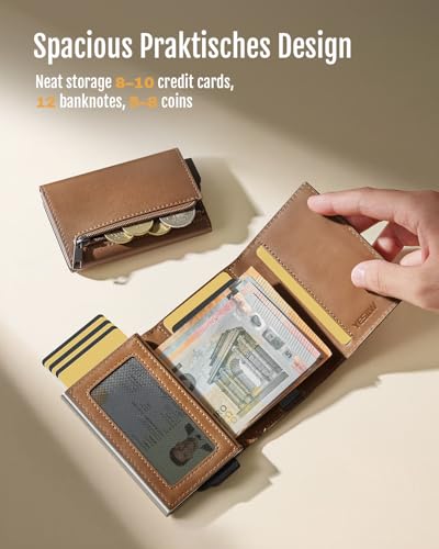 YESIIW Men's Leather Wallet with Coin Compartment & RFID Protection, Magnetic Slim Wallets for Men, Genuine Leather Wallet for 9 Credit Cards, ID Window, Brown4