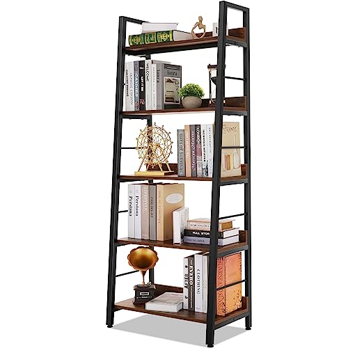 Himimi Industrial Bookshelf 5-Tier, Home Office Bookcase Ladder Shelf, Freestanding