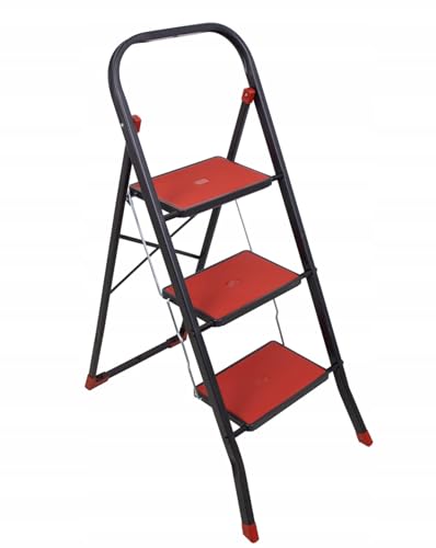 Escabeau pliable à 3 marches – échelle de ménage stable jusqu’à 150 kg, pliable, surfaces de marche antidérapantes, peu encombrante et sûre (Rouge-Noir)