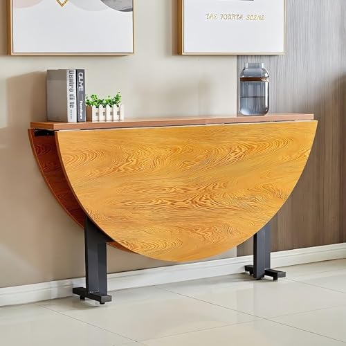 Mesa de comedor plegable redonda compacta con 6 ruedas de bloqueo, hoja extensible para espacios pequeños, uso moderno en cocina y oficina