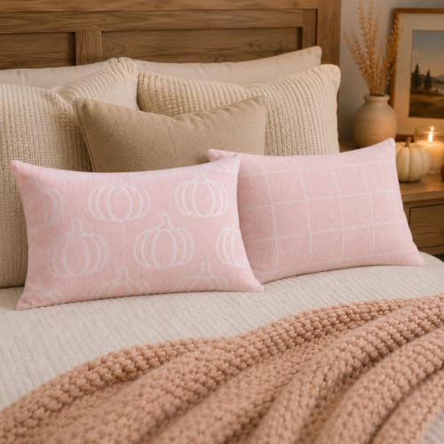 Image of Fall Pumpkin Lumbar Pillow Covers, Autumn Decor (Pink,12x20) | Double-sided pumpkin and plaid designs, thick chenille texture, hidden zipper, for couch, sofa, bed, farmhouse autumn decor