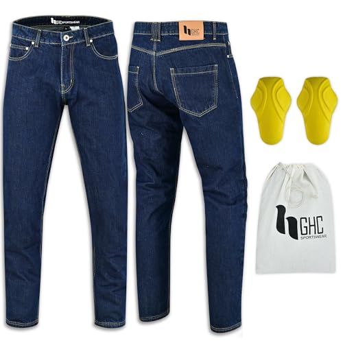 GHC SPORTSWEAR Men's Motorcycle Denim Pants Motorbike Trousers Biker Jeans Stretch Aramid Protection Lining-Certified According to EN 1621-1,Tapered Fit- BLUE-32W/32L Blue