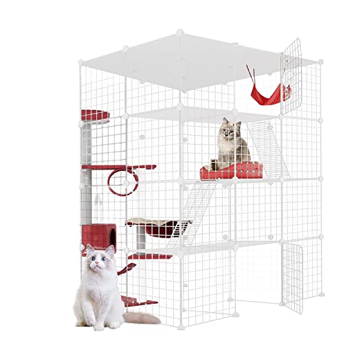 Large Cat Cage Detachable Indoor Diy Cat Fence Detachable Wire Kennel Crate Ideal, For 1-3 Cats Guinea Pigs, Rabbits, Small Animals With 2 Platforms Beds And 2 Ladders（White） #TOP4