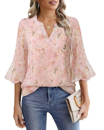 VALOLIA Womens 3/4 Sleeve Tops Dressy Casual Chiffon Blouses Floral Print V-Neck Work Office Shirts