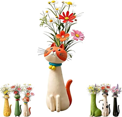 Vase Decoratif Chat Fait Main, Vase Résine Mignon, Vases Formes Animales Créatives Multicolores pour Fleurs Séchées, Table Basse, Salon, Décoration de Table (B)