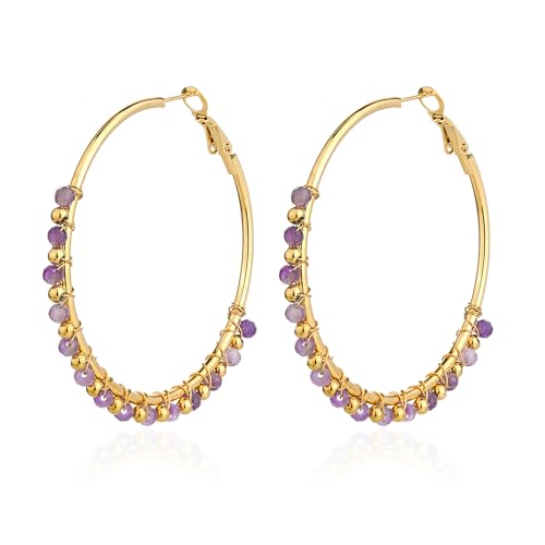 TaYolnFaSo 50 mm Gold-Plated Amethyst Bead Hoops
