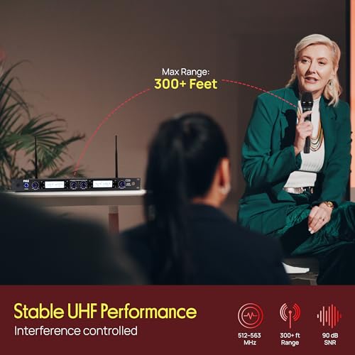 Pyle 4 Channel UHF Wireless Microphone System with 2 Handheld Mics, 2 Lavalier 2 Headsets & Beltpack Transmitters, 300ft Range, Rack Mount Receiver for Church, Meetings, DJ & PA Systems by Pyle - Image 2