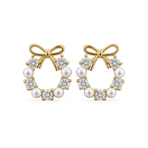 Image of Gold Bow Wreath Earrings with Pearls and Crystals, Stud Style, Elegant Holiday Theme