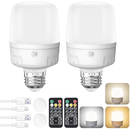 Qoolife Bombilla con batería E27 con mando a distancia, 9 W, 2000 mAh, 4 temporizadores y cargador USB-C para camping, armario y corte de energía (2 unidades)