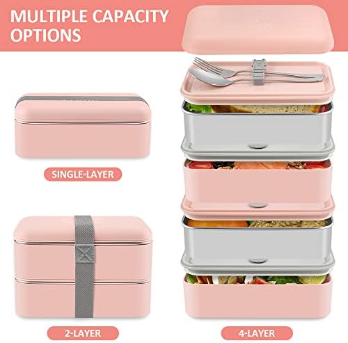 HOLIPOT Bento Box with Lunch Bag, Japanese Lunch Box Adults 2 Tiers with 4pcs Eco-Friendly PP Stainless Steel Bento Lunch Box Containers, Fork Spoon for Women Men Kids Meal Snack Packing, BPA Free